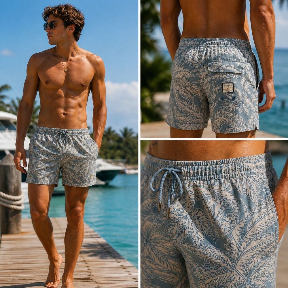 VTG Tommy Bahama Men's XL Grey Coastal Palm Print Swim Trunks Nylon Mesh Lined